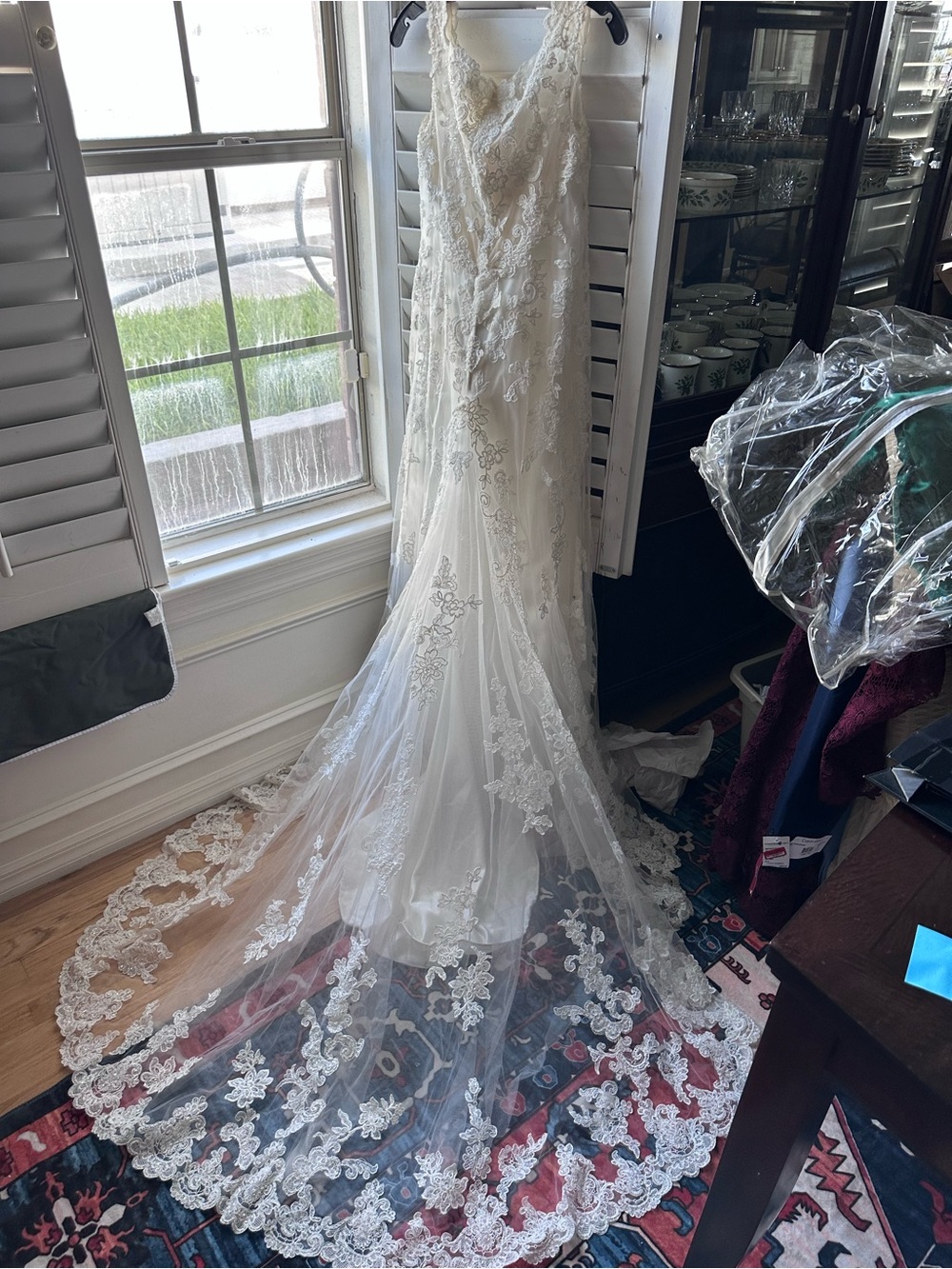 Elegant Ivory Lace Wedding Dress with Sheer Floral Train